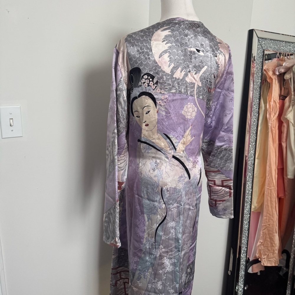 Vintage 100% Silk Kimono Robe Duster w Print japanese dragon geisha XL lavender - Picture 8 of 15